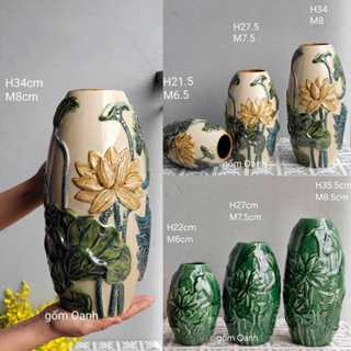 bình hoa sen cá khắc nổi men ngọc cắm sen, hồng, hoa lụa gốm Bát Tràng cao cấp decor rất là ưng ý