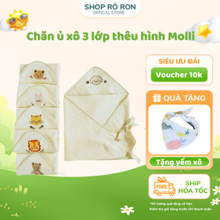 Chăn ủ xô 3 lớp thêu hình MOLLI cao cấp - Khăn ủ tắm có mũ cho bé - Shop Rô Ron