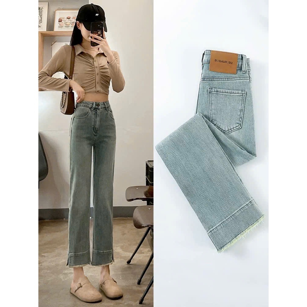 Quần Jean Ống Đứng Gấu Tua Rua, Quần Vải Mềm Cạp Cao Thiết Kế Vải Xắn Form Xẻ Tà siêu xinh siêu HOT sang chảnh D115