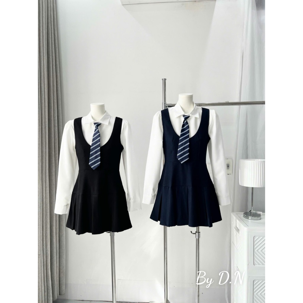 (Hàng Sẵn): Set Yếm Tuyết Đuôi Xếp Ly Mix Áo Sơ Mi Thô Tay Bồng Dài Tay Kèm Cà Vạt Chuẩn Form Mẫu Mặc Lollaye | BigBuy360 - bigbuy360.vn