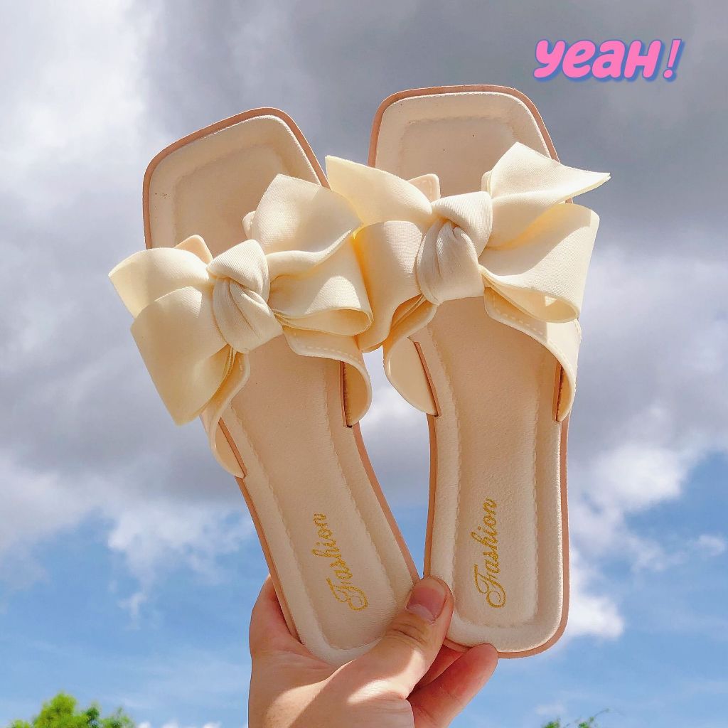 Dép lê quai nơ xinh xắn 2 màu đen + kem cho nữ đi biển, đi chơi đế 2cm phong cách nữ tính đáng yêu - Mã DX01