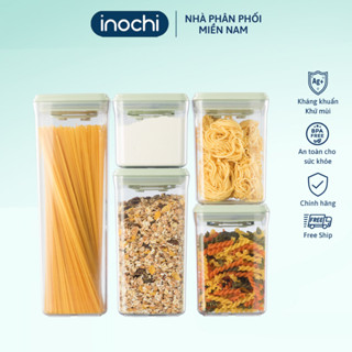 Bộ 5 hộp đựng thực phẩm khô Inochi. Thiết kế nút bấm kín khí, dễ thao tác. Nhựa PP chịu nhiệt tốt, không mùi khó chịu