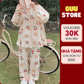 Pijama nữ GUU STORE bộ đồ ngủ tay dài mặc nhà phối ren đũi xốp xuân hè mát mềm mại BDTD04