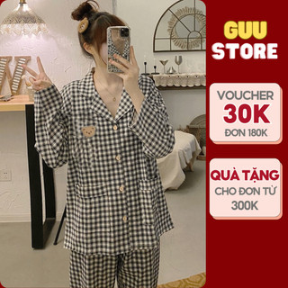 Bộ đồ ngủ áo tay dài mặc nhà pijama bigsize GUU STORE chất vải thô Hàn xuân hè mát mềm mại dễ thương DN97