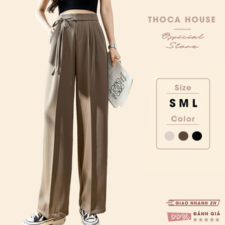 Quần ống rộng nữ lưng cao kiểu cột nơ form dài THOCA HOUSE quần suông culottes mặc đi làm, đi học