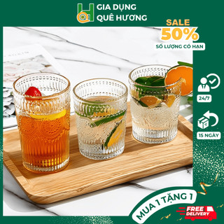 Bộ 6 cốc ly thuỷ tinh hoạ tiết dập nổi hoa mặt trời dung tích 290ml và 340ml