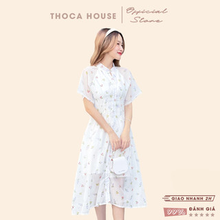  Đầm voan hoa midi cổ trụ chiết eo 2 lớp màu trắng THOCA HOUSE sang trọng, thanh lịch mặc đi tiệc, đi chơi