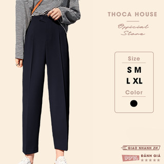 Quần tây nữ baggy công sở lưng thun nút lệch THOCA HOUSE trơn đen, quần baggy nữ chuẩn form tôn chân