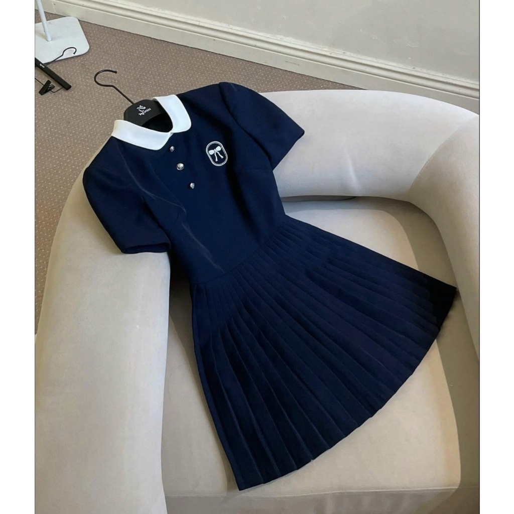 [Hàng Shop]: Váy Xanh Than Cổ Sen Phối Trắng Thêu Nơ Đuôi Xếp Ly 2 Lớp Có Lót Quần Bảo Hộ [V83] Lollaye | BigBuy360 - bigbuy360.vn