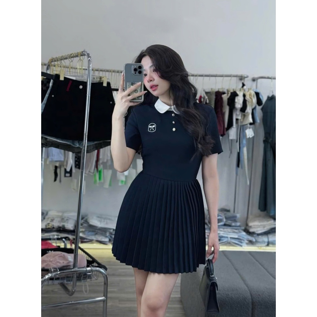 [Hàng Shop]: Váy Xanh Than Cổ Sen Phối Trắng Thêu Nơ Đuôi Xếp Ly 2 Lớp Có Lót Quần Bảo Hộ [V83] Lollaye | BigBuy360 - bigbuy360.vn