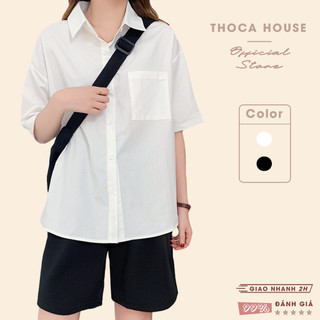 Áo sơ mi trắng tay ngắn túi bên THOCA HOUSE mặc đi học, đi làm thanh lịch