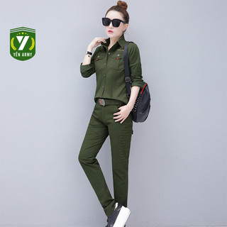 Bộ Quần Áo Sơ Mi Nữ Dài Tay Màu Xanh Rêu + Tặng Kèm Dây Lưng