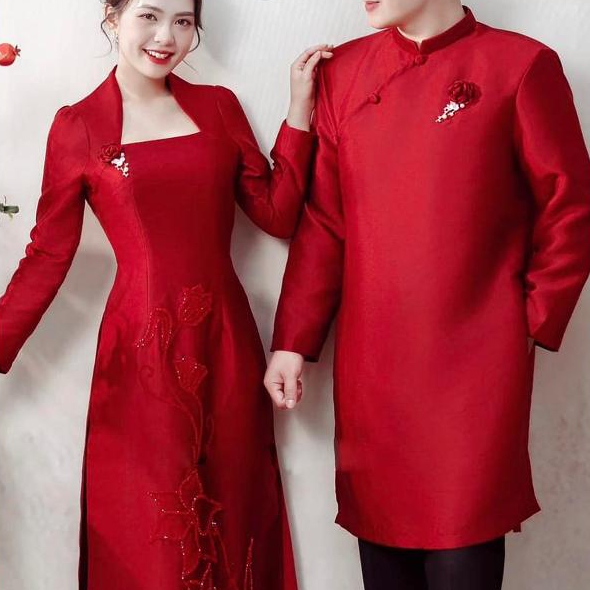 Áo dài cô dâu, áo dài cưới Nữ Hoàng Đỏ áo dài ăn hỏi, áo dài cặp đôi cô dâu chú rể màu đỏ đô cao cấp