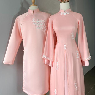  Áo dài cưới áo dài cô dâu ăn hỏi đính kết hoa Mộc Hương màu hồng. Áo dài cặp đôi cô dâu chú rể ngày cưới 