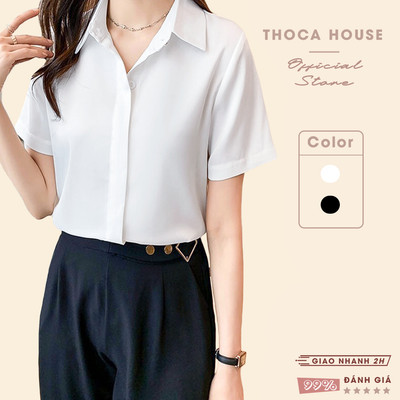 Áo sơ mi trơn tay ngắn nút ẩn basic THOCA HOUSE mẫu thiết kế trẻ trung, hiện đại