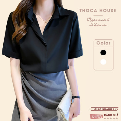 Áo sơ mi tay ngắn trơn đen, trắng lụa chéo giấu nút THOCA HOUSE kiểu săn tay thanh lịch, công sở