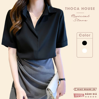 Áo sơ mi tay ngắn trơn đen, trắng lụa chéo giấu nút THOCA HOUSE kiểu săn tay thanh lịch, công sở