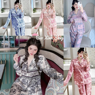 Đồ Bộ Thiết Kế Tay Dài Vải Lụa Gấm Xước Pijama Bigsize In 5D Cao Cấp 50-100kg Nữ Women Quần Ngủ