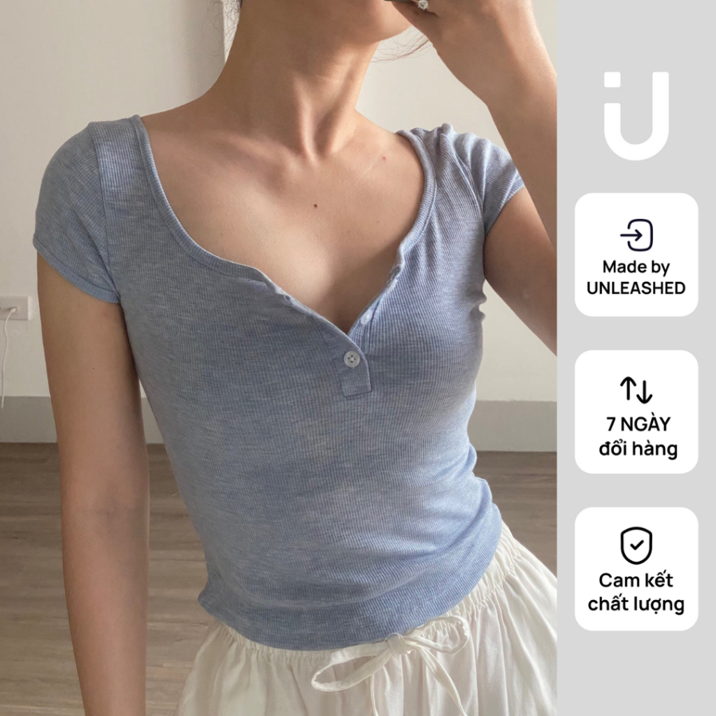 Áo Thun Nữ Cotton Gân 3 Cúc Dáng Ôm Unleashed Cổ Sâu Tay Hến Cao Cấp Ocean Ribbed Cotton Top