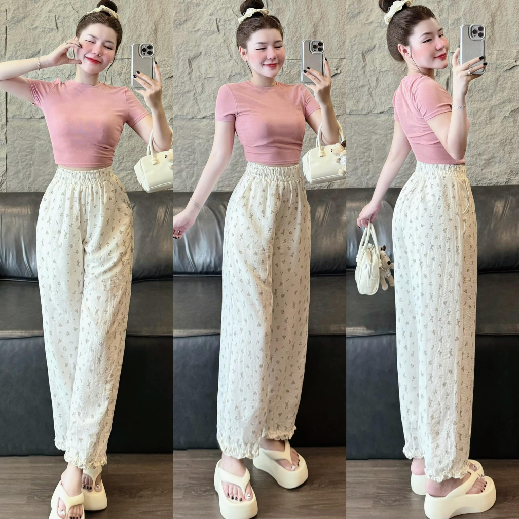 BARE_(Có bán lẻ)Set 2 món áo ôm body cổ tròn dáng vừa phối quần hoa viền ren phong cách bánh bèo dễ thương -Q086, AT011