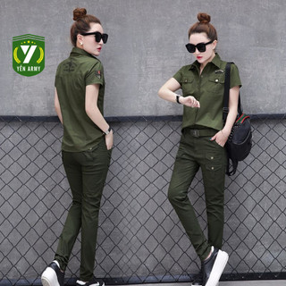 Bộ Quần Áo Sơ Mi Nữ Cộc Tay Màu Xanh Rêu + Tặng Kèm Dây Lưng