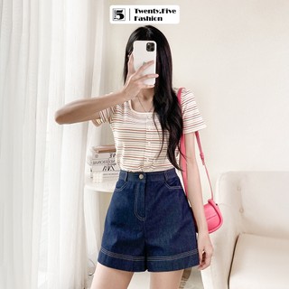 Áo thun nữ Twentyfive ngắn tay cổ vuông, kẻ, hàng cúc giả giữa 6019