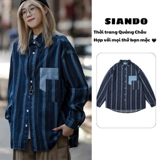 Áo sơ mi jean sọc unisex form rộng dài tay chất áo bò dầy dặn hàng Quảng Châu cao cấp SIANDO SM07