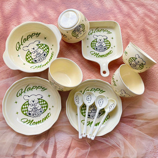 Bộ bát đĩa gốm sứ decor, bát ăn cơm, bát ăn chè, chén dĩa dễ thương bộ bát đĩa thỏ xanh cực xinh yêu