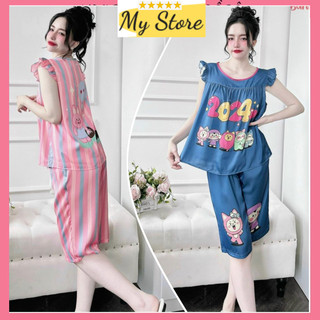 Đồ bộ lửng nữ lụa latin dễ thương, bộ pijama tay ngắn quần lửng mặc nhà MY STORE Freesize dưới 58kg