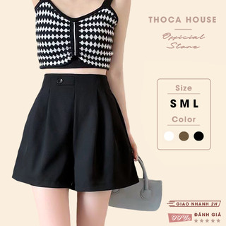 Quần short tây nữ lưng thun nút lệch trơn màu THOCA HOUSE quần đùi basic dễ phối năng động trẻ trung