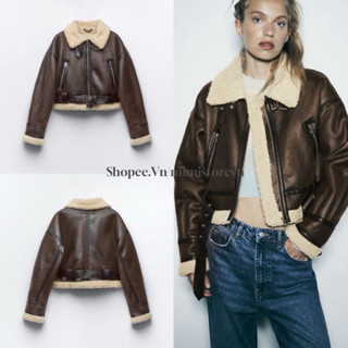 (SẴN) Áo khoác ZR nữ da nâu đậm dáng ngắn lót lông cừu kèm đai (Ảnh thật dưới mô tả)
