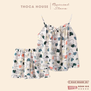 Đồ ngủ xốp đồ bộ mặc nhà hoạt hình mát mẻ THOCA HOUSE pijama bộ 2 dây nữ xinh xắn freesize 60kg