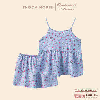 Đồ ngủ lụa ngắn 2 dây vải hoa họa tiết THOCA HOUSE đồ bộ mặc nhà quần ngắn lưng thun co giãn