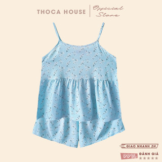 Đồ bộ ngủ hai dây mặc nhà hoạ tiết hoa nhí THOCA HOUSE bộ ngủ lụa tole lanh 2 dây mềm mát từ 40-55kg
