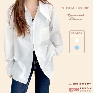 Áo sơ mi nữ dài tay khoá kéo hai chiều trơn màu THOCA HOUSE độc đáo dáng Hàn, trẻ trung