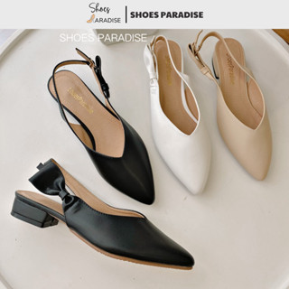 (FORM NHỎ LÊN 1 SIZE) Giày mũi nhọn nữ đế thấp Shoes Paradise cao 2cm, quai nơ, đế bám không trơn, màu đen, trắng, kem