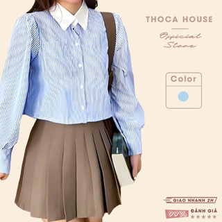 Áo sơ mi croptop dài tay sọc xanh cổ viền trắng THOCA HOUSE phong cách Hàn Quốc trẻ trung