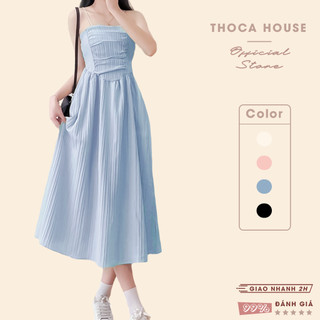 Đầm đi biển 2 dây bún dáng dài lưng thun đũi gân THOCA HOUSE tiểu thư xinh xắn hot trend