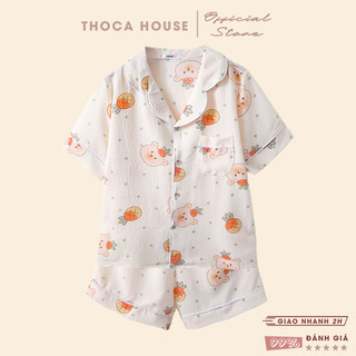 Đồ bộ đùi pyjama mặc ngủ hoạt hình THOCA HOUSE bộ mặc nhà cộc tay quần ngắn lưng thun cho bạn gái