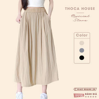 Chân váy midi dáng dài vải gió nhăn THOCA HOUSE phong cách Hàn Quốc dễ phối