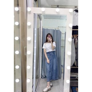 Chân váy bò dáng dài xẻ trước (ảnh thật shop chụp chèn tên )