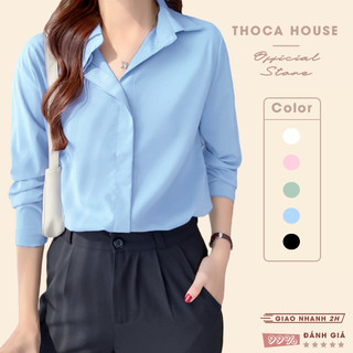Áo sơ mi nữ dài tay giấu nút công sở THOCA HOUSE sơ mi trơn trắng, đen, nhiều màu chuẩn form đi học