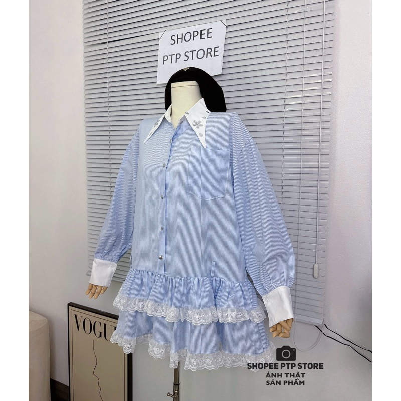 [V1.793] Váy Sơmi Kẻ Babydoll Cổ Đá Phối Chân Bèo Tầng Pha Ren Siêu Xinh | BigBuy360 - bigbuy360.vn