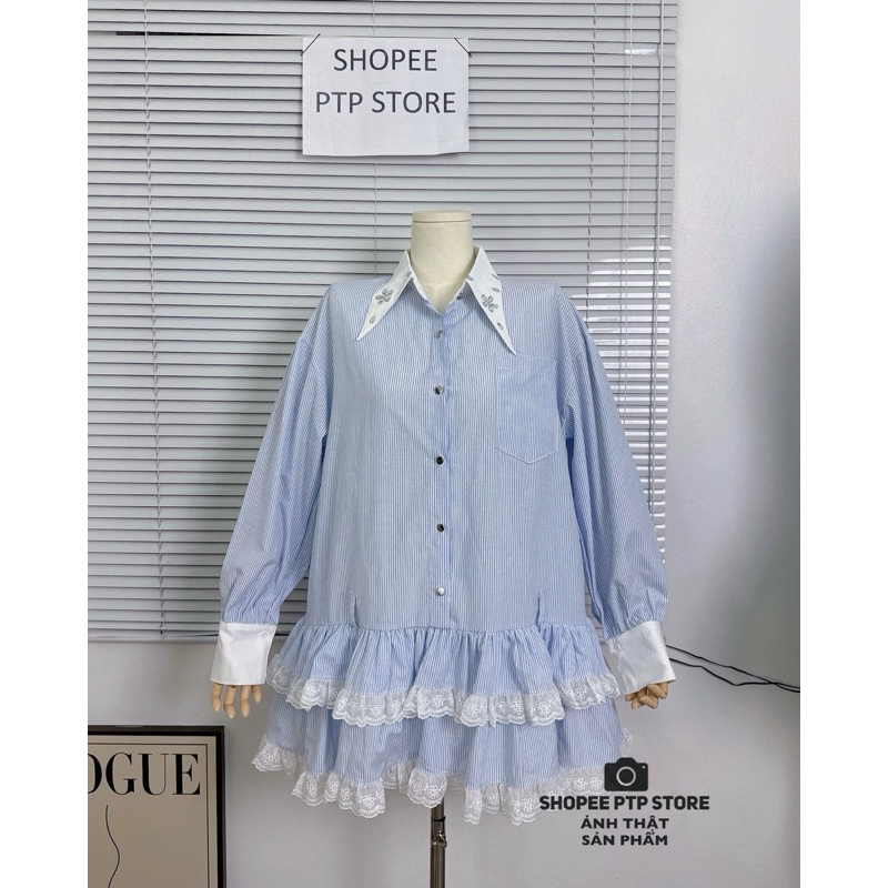 [V1.793] Váy Sơmi Kẻ Babydoll Cổ Đá Phối Chân Bèo Tầng Pha Ren Siêu Xinh | BigBuy360 - bigbuy360.vn