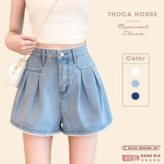 Quần short jean nữ cao cấp phối ren trơn màu THOCA HOUSE quần đùi denim cá tính, độc đáo