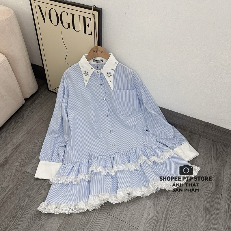 [V1.793] Váy Sơmi Kẻ Babydoll Cổ Đá Phối Chân Bèo Tầng Pha Ren Siêu Xinh | BigBuy360 - bigbuy360.vn