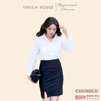 Áo sơ mi trắng công sở vải lụa chéo kiểu giấu nút THOCA HOUSE đủ size, mặc đi làm đi học