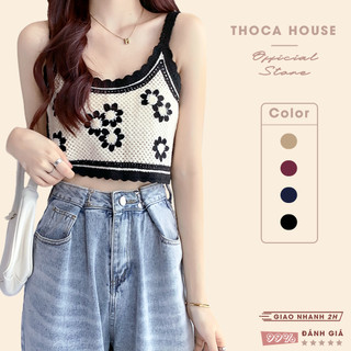 Áo croptop len hai dây hoa phối màu THOCA HOUSE dáng Hàn phối đồ cực xinh
