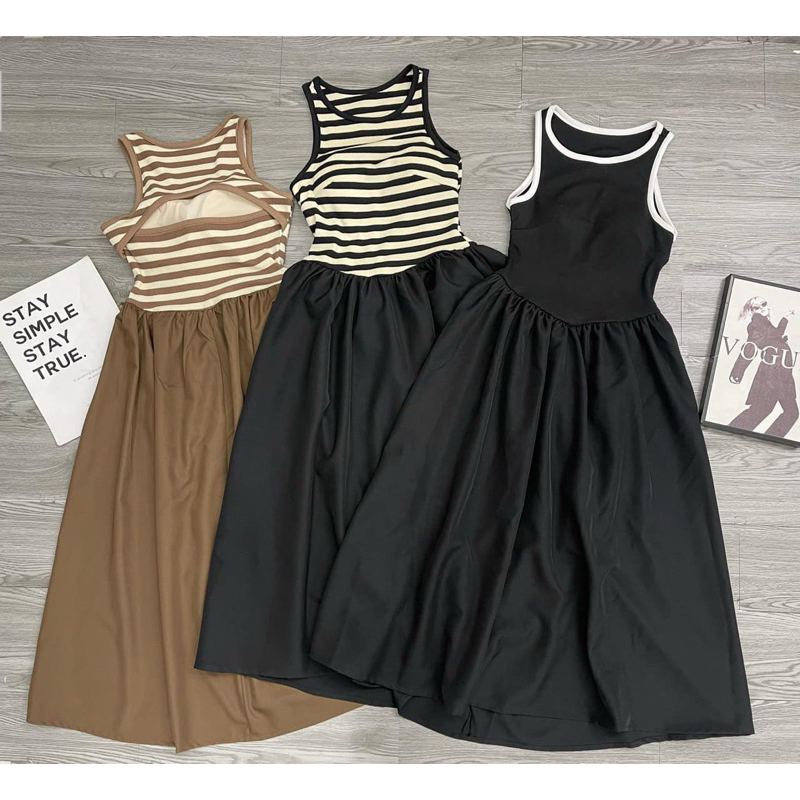 Đầm thun dài sọc ngang 3 lỗ hở lưng sọc ráp váy vải dài (D12025)