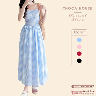 Đầm maxi đi biển dáng dài bo chun caro THOCA HOUSE thướt tha, váy quây ngực cực xinh